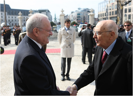 15.4.2011 - Taliansky prezident Giorgio Napolitano s manelkou na oficilnej nvteve Slovenska